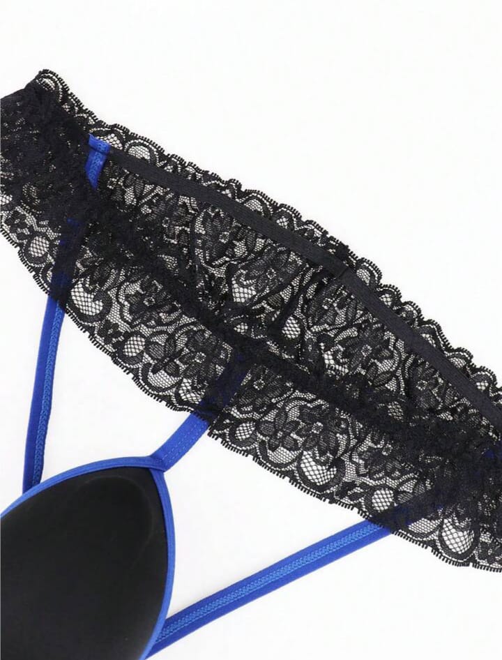Fashionable Black Cup With Vibrant Blue Trim, Black Waistband With Lace Trim Men's Lingerie